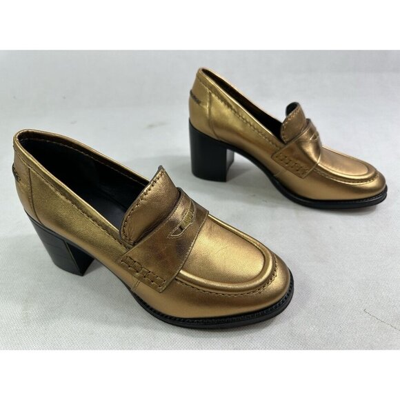 Veronica Beard Metallic Penny Loafer Block Heel Dark Gold Leather Womens 7 - Picture 2 of 9